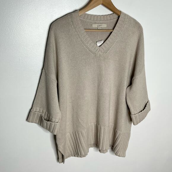 Loft Cotton Pullover Sweater Womens Medium Beige Neutral Minimalist V Neck - Picture 2 of 9